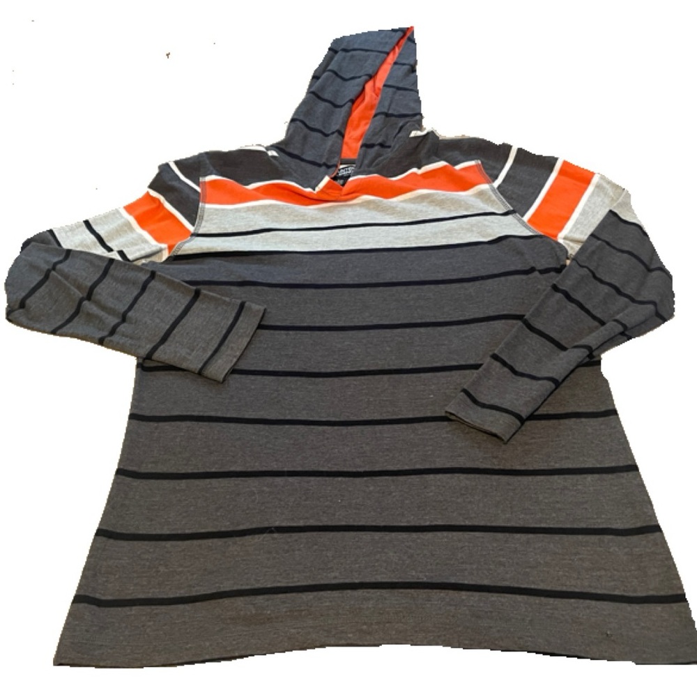Men’s Large Counter Intelligence Gray, Orange, White Striped Pullover Hoodie.